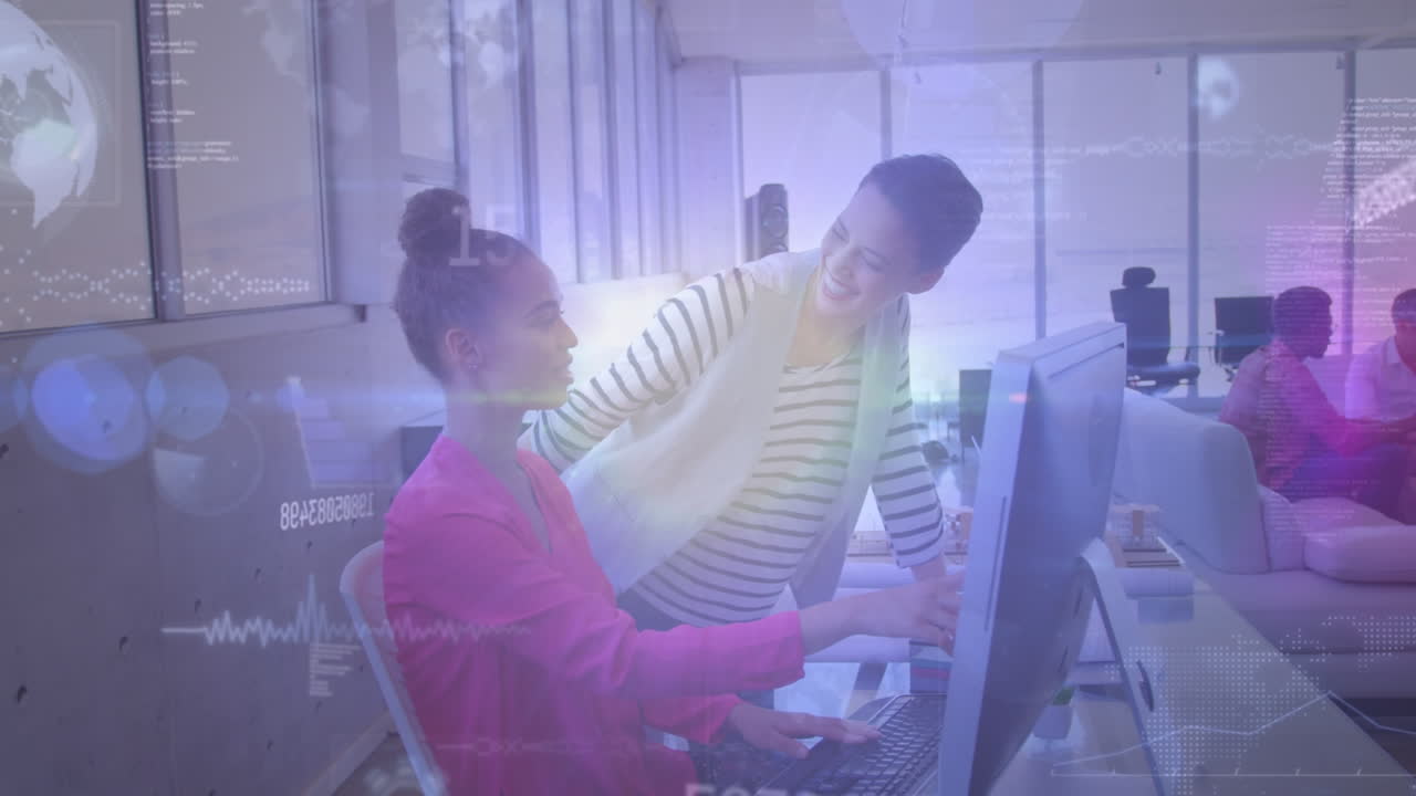 Animation of data processing over diverse business people using computers