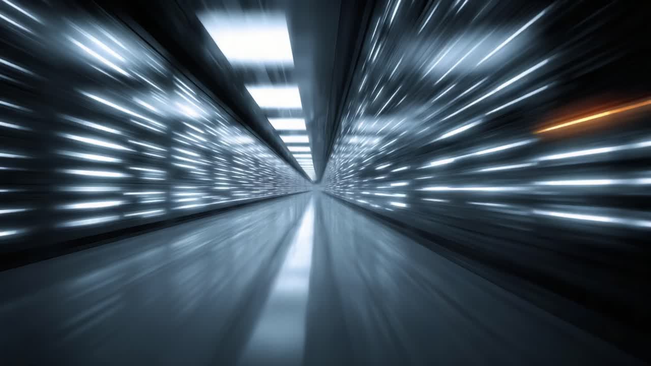 Una prospettiva dinamica attraverso un corridoio futuristico pieno di scie di luce rapide, che trasmettono movimento e velocità in un ambiente fantascientifico
