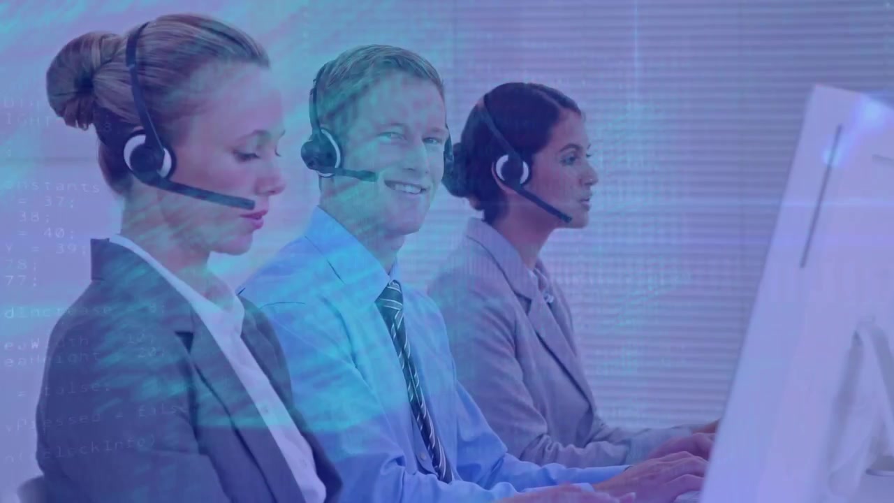 Animation of data processing over diverse business people wearing phone headsets