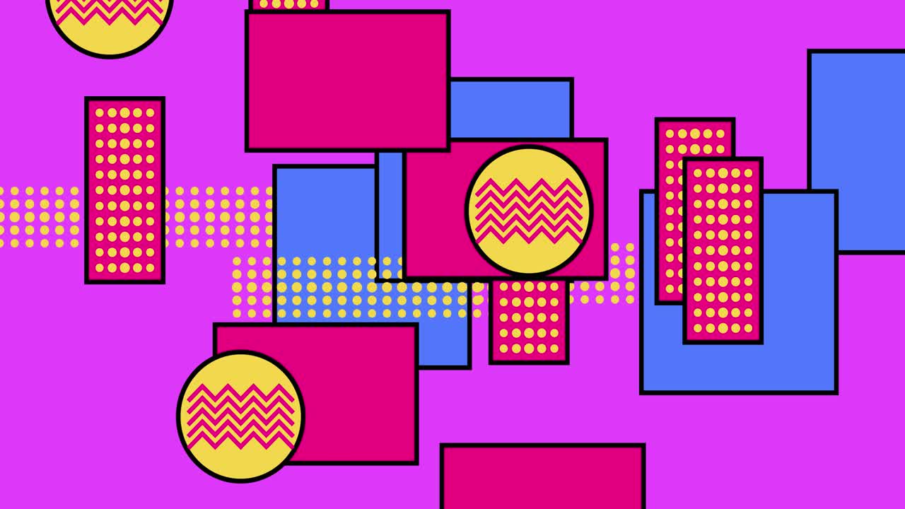 figuras geométricas en el estilo de los años 80, vuelo de la geometría. fondo abstracto animado. composición horizontal, calidad de video 4k