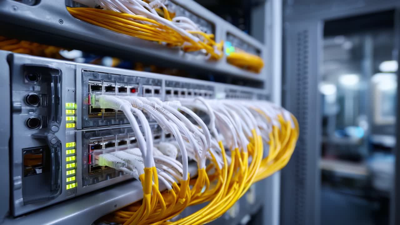 High-Definition Close-Up of Network Server Rack with Colorful Cables and Connectors Indicating Data Transmission and Connectivity in a Modern IT Infrastructure Environment