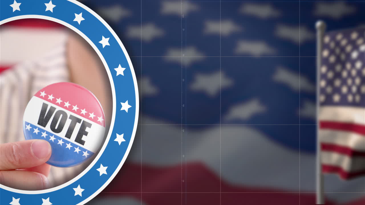 Animation of usa election text over badge and flag of usa