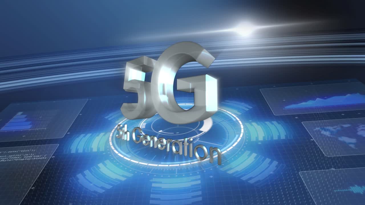 animazione di testo di quinta generazione 5g, scansione di ambito e elaborazione dei dati