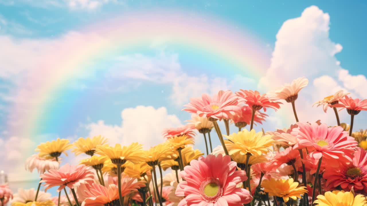 Vibrant flowers under a rainbow with a low-angle view, capturing a dreamy, uplifting scene perfect