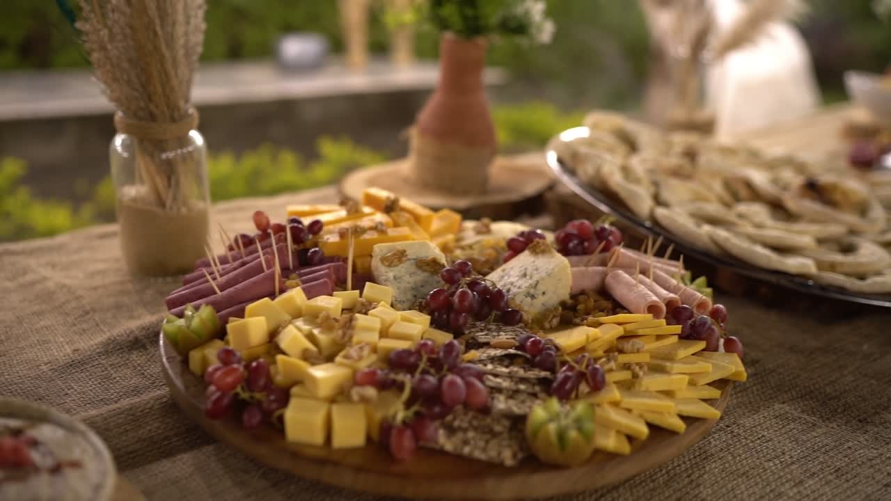 View of food in open buffet, close up shot, high angle shot