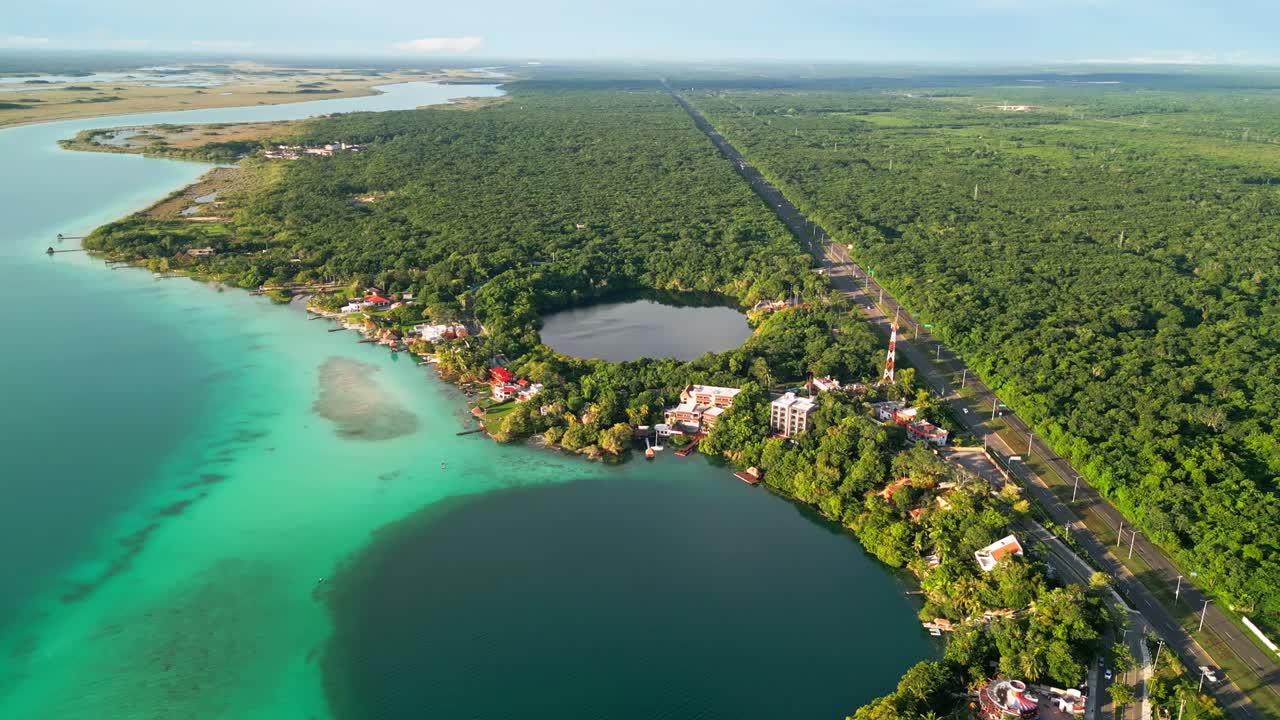 Cenote Azul Large, Deep Cenote Near The Bacalar Lagoon In The Mexican State Of Quintana Roo. Aerial Drone Shot