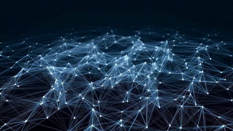 Bright points linked by thin blue lines rise and settle across a dark field, creating an evolving web of geometric connections with layered depth, soft glow, and fluid surface motion.