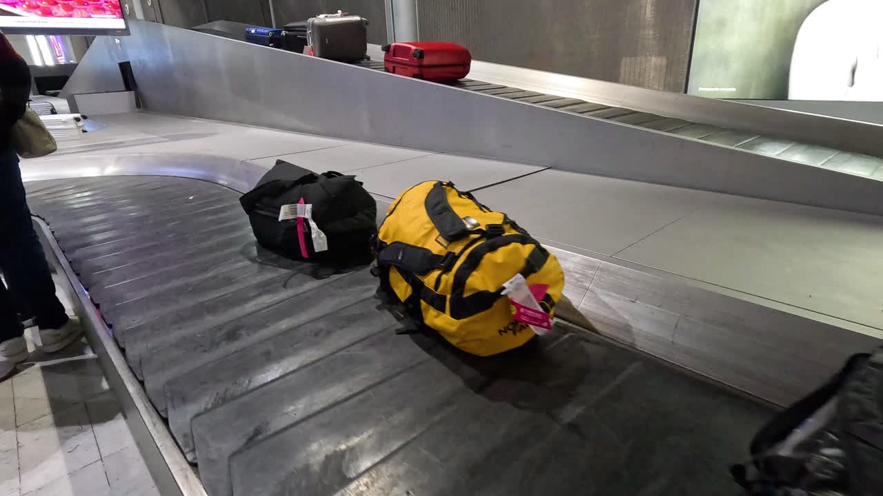 Various bags travel on an airport conveyor belt.