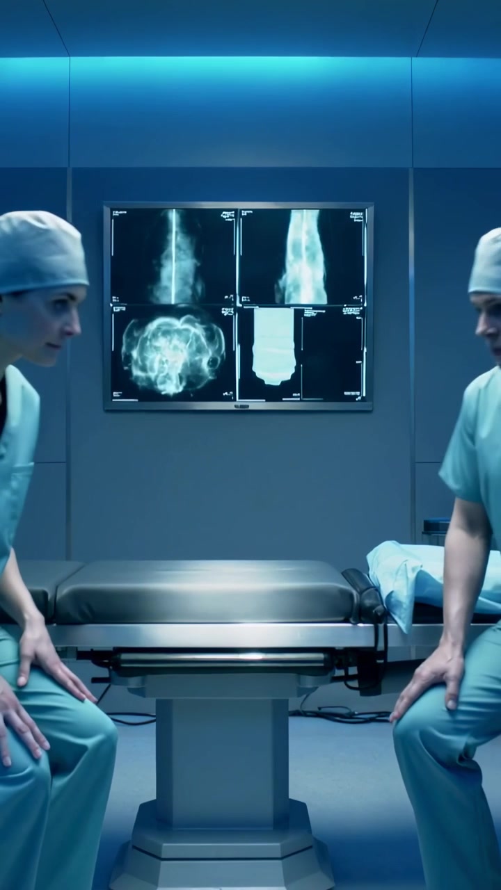 Vertical video: Entering surgery team in scrubs inspecting screen sitting at OR table prepping case