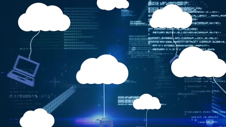 Animation of cloud icons and data processing over dark background