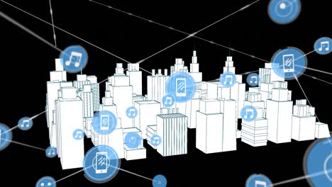 animation of networks of connections with icons over 3d city drawing spinning on black background