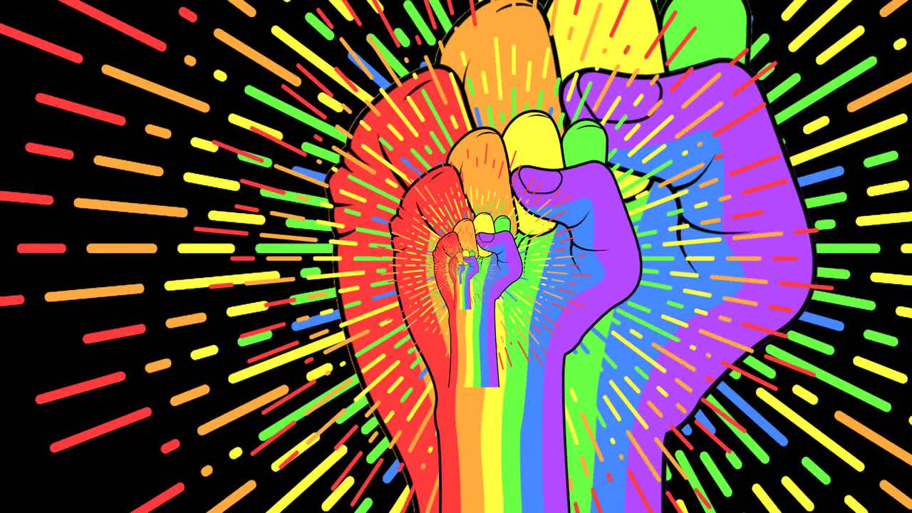 검은 바탕에 무지개 주먹과 무지개 줄무 ⁇ 의 애니메이션