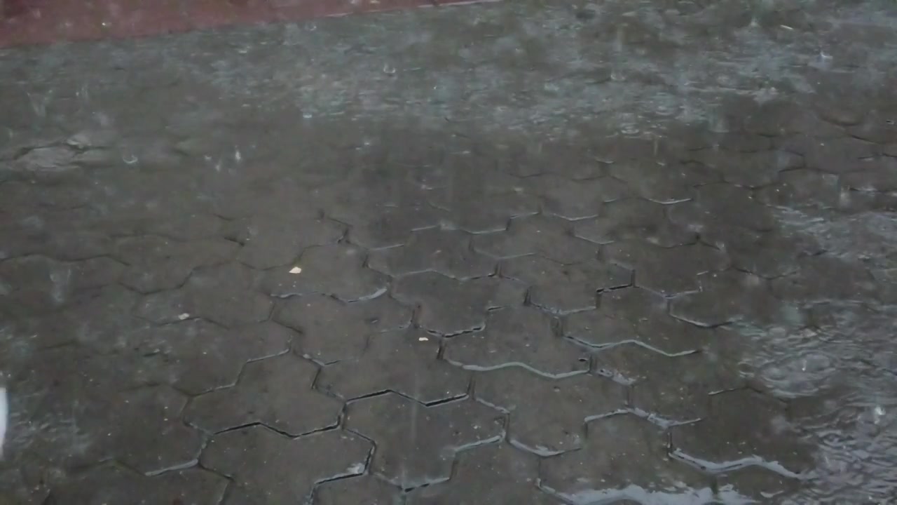 Regn i byen. Regndråber falder på fortovet