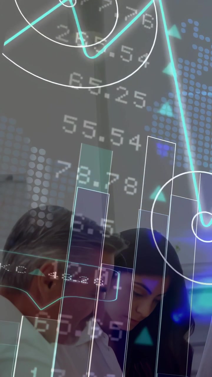 Vertical video: Animated finance charts overlaying senior guiding woman leaning analyzing tablet