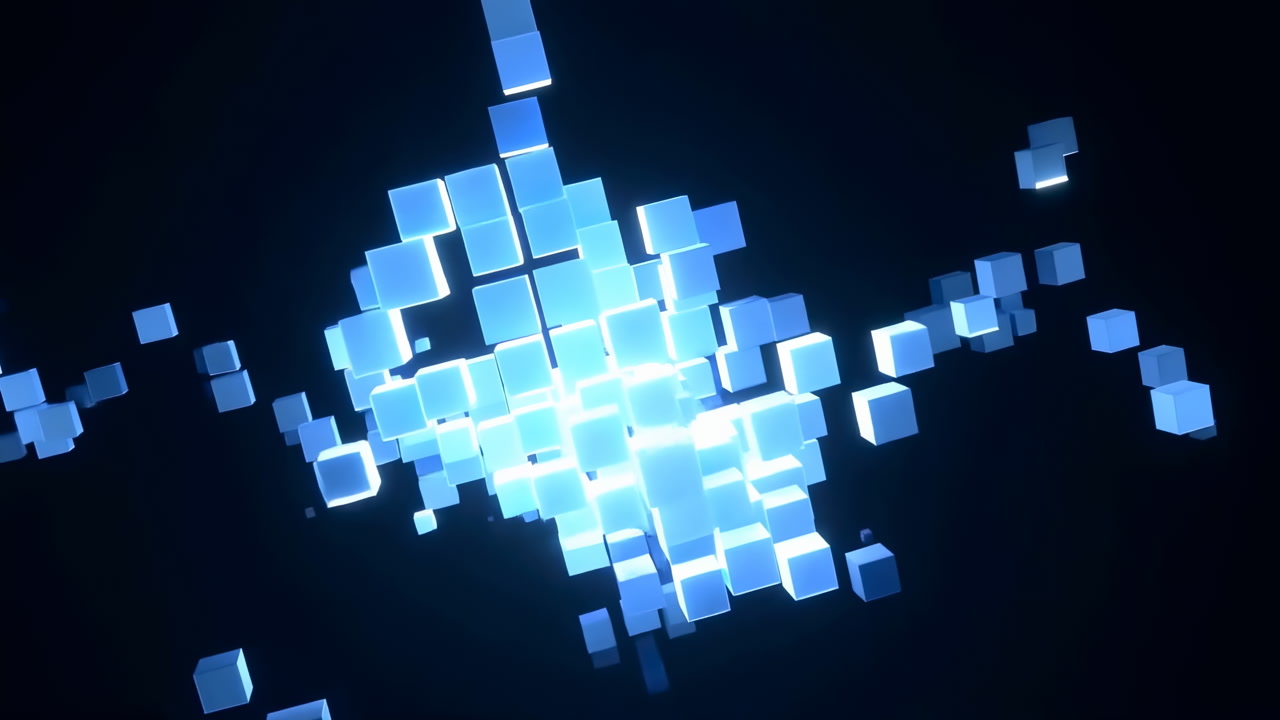 Glowing Blue Cubes Assemble Into Luminous Cluster, Digital Architect Sculpts Formation Against Dark