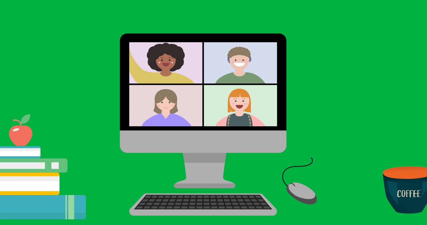 Digitale Animation einer Videokonferenz auf einem Desktop-Computer vor schwarzem Hintergrund.