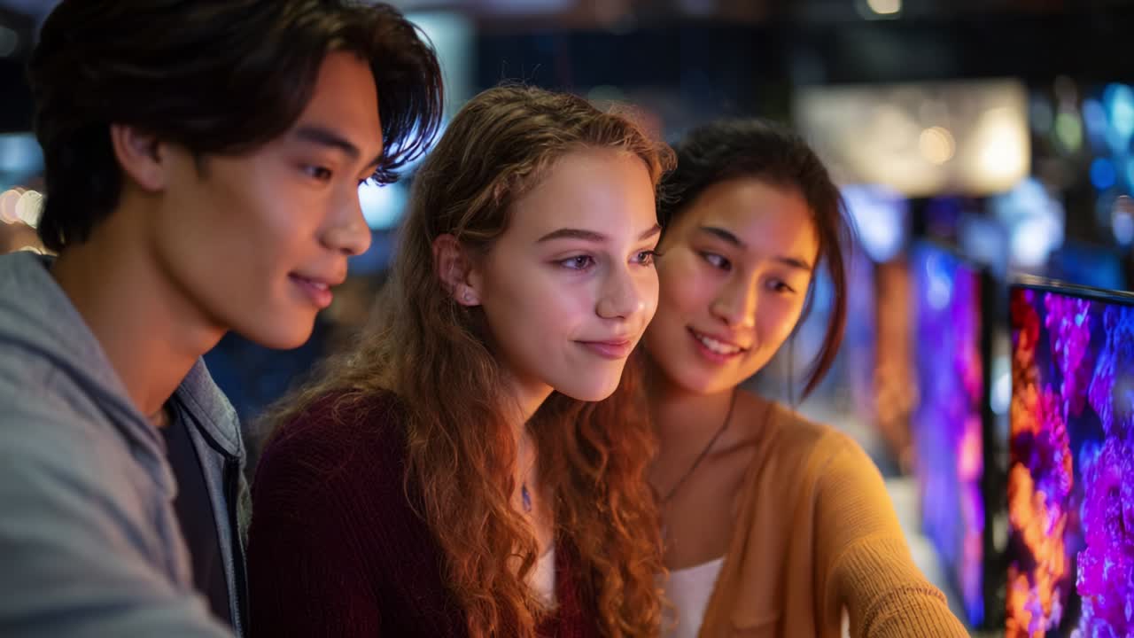 A Group of Three Friends Engaged in a Dynamic Interaction While Exploring Digital Screens in a Modern Setting, Capturing Moments of Excitement and Curiosity with Each Other