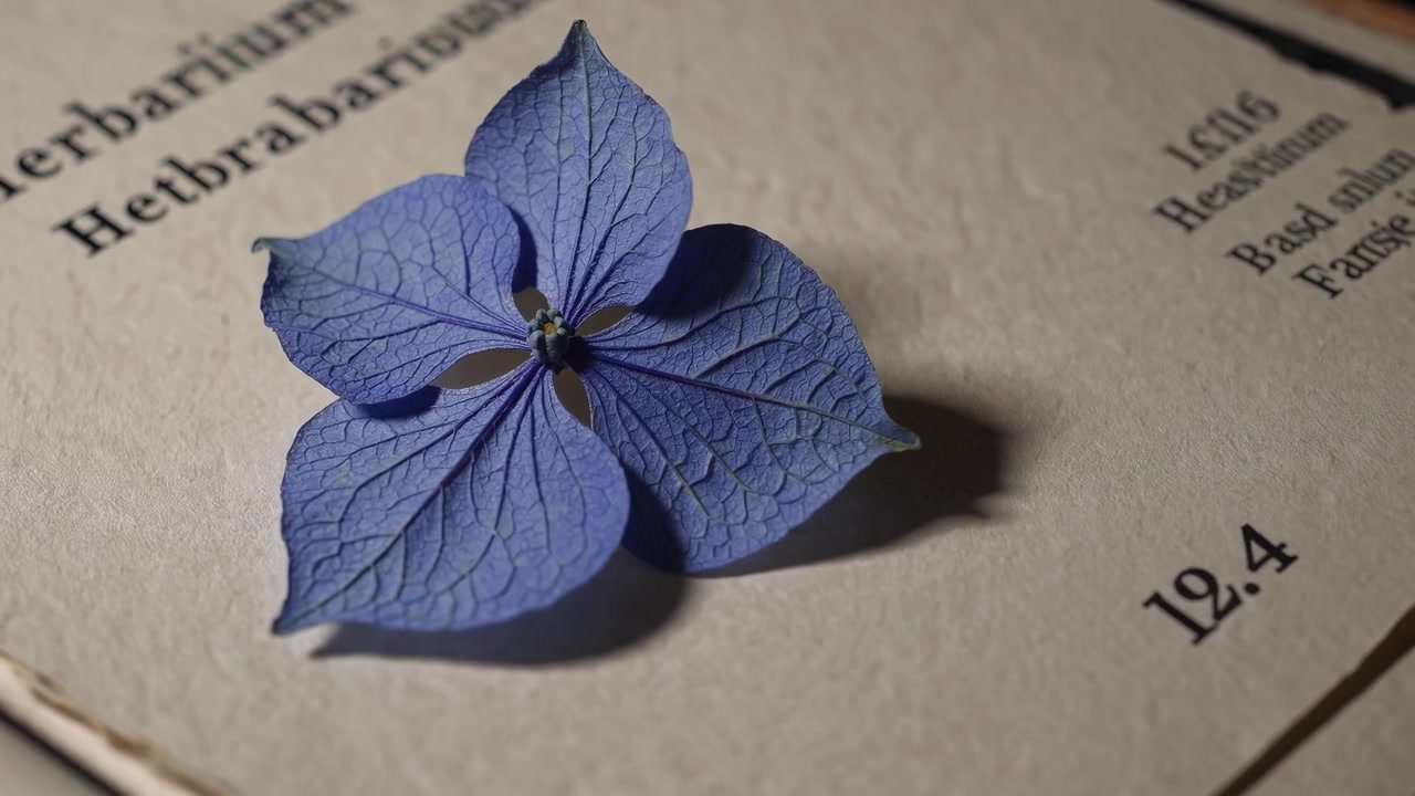 Blaues Hortensienblütenblatt ruhend auf einer Vintage-Buchseite mit botanischem Motiv