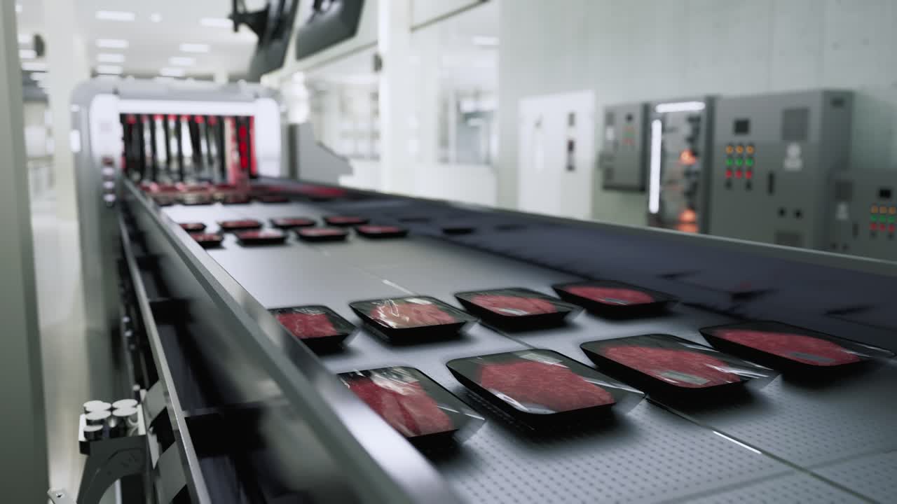 Packaged Raw Meat Trays On A Conveyor Belt In A Factory