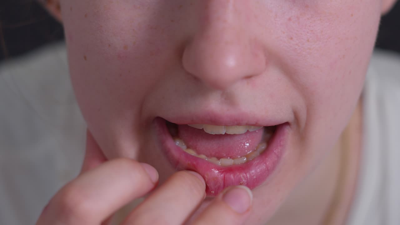 Close up of girl lips affected by herpes. Treatment of herpes infection and virus