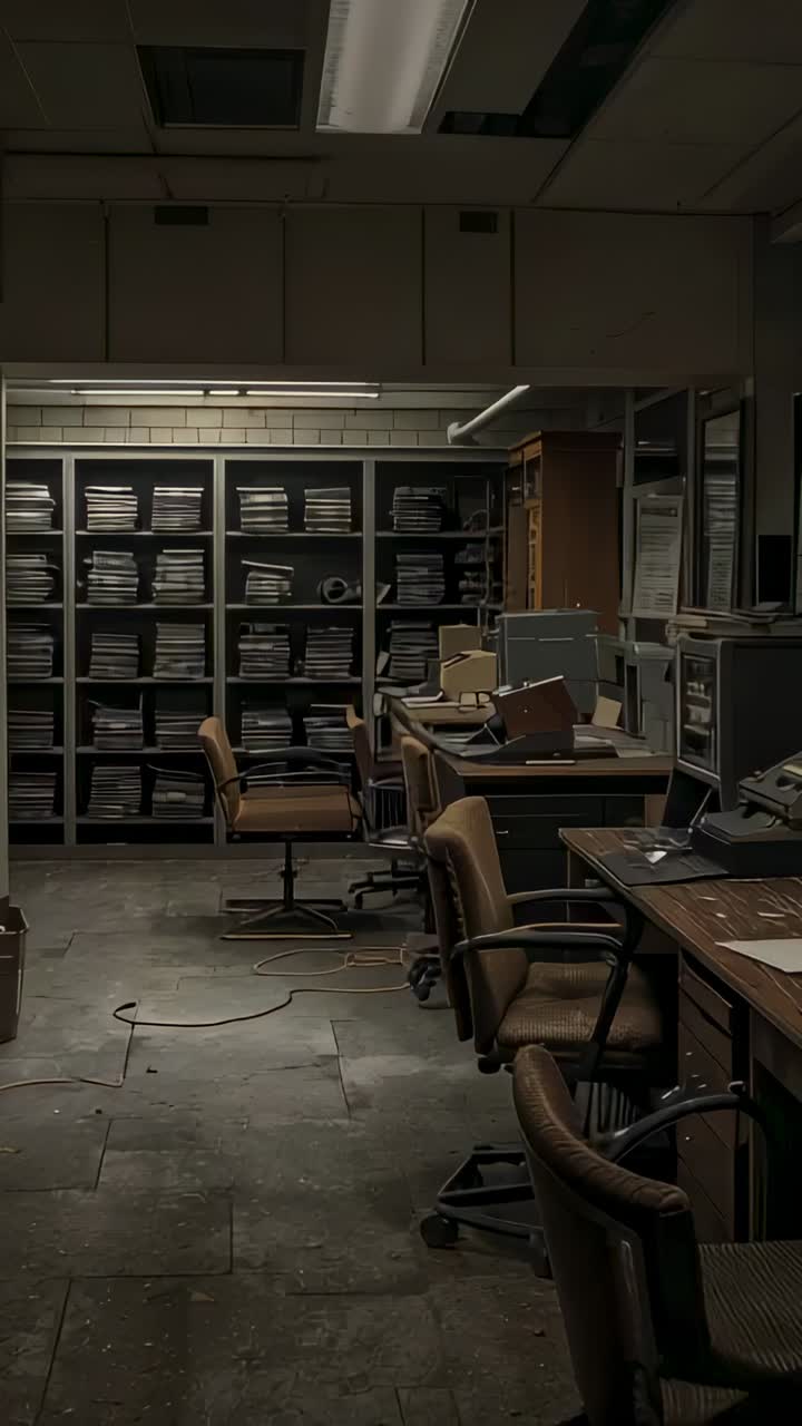 Vertical video: Camera shifting revealing records work area in basement for closer view of folders