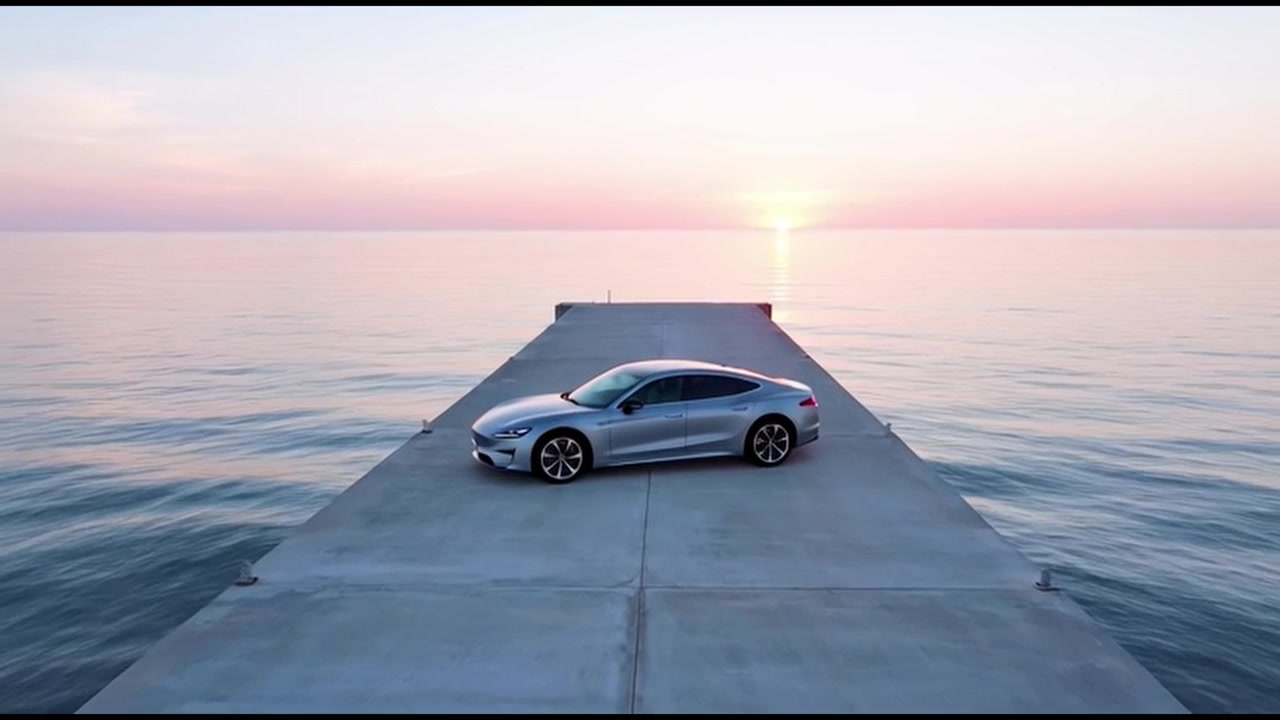 Berlina argentata parcheggiata su un molo di cemento al tramonto