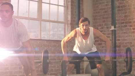 animation of caucasian and mixed race men exercising with white light flickering in the foreground