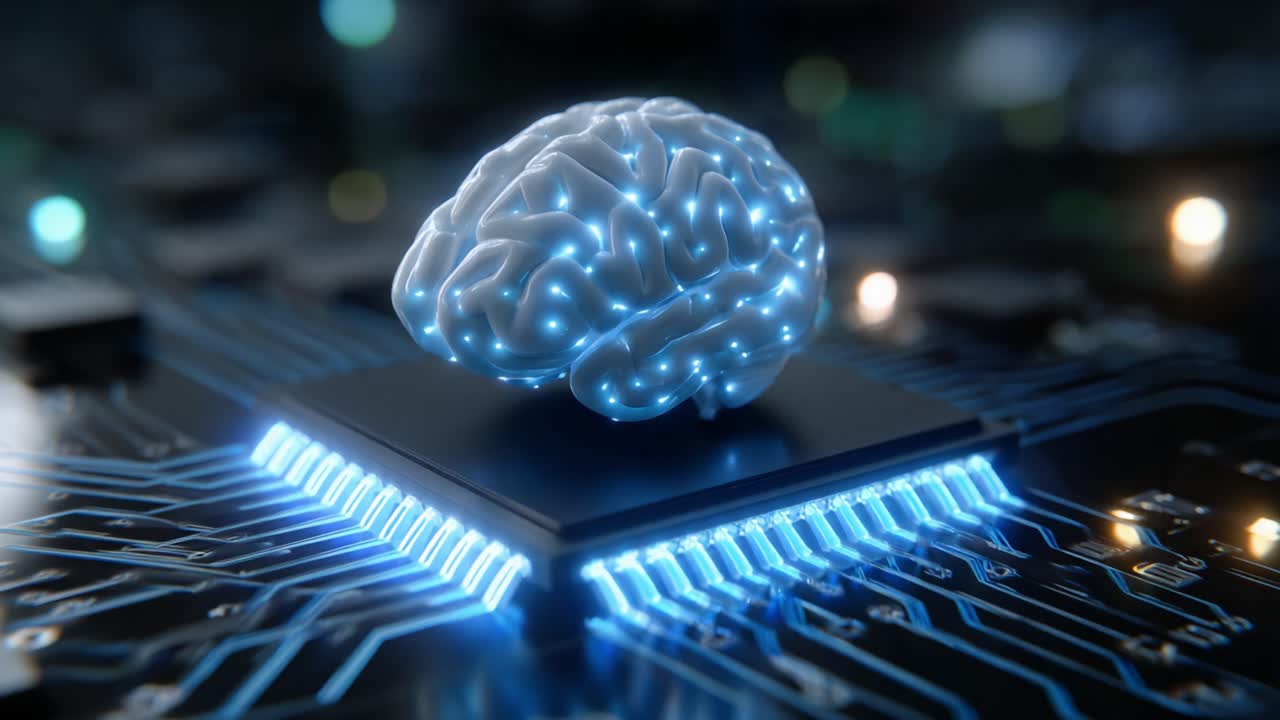 A stunning visual representation of artificial intelligence, showcasing a glowing 3D brain embedded on a circuit board, symbolizing the integration of human cognition with advanced technology and computing