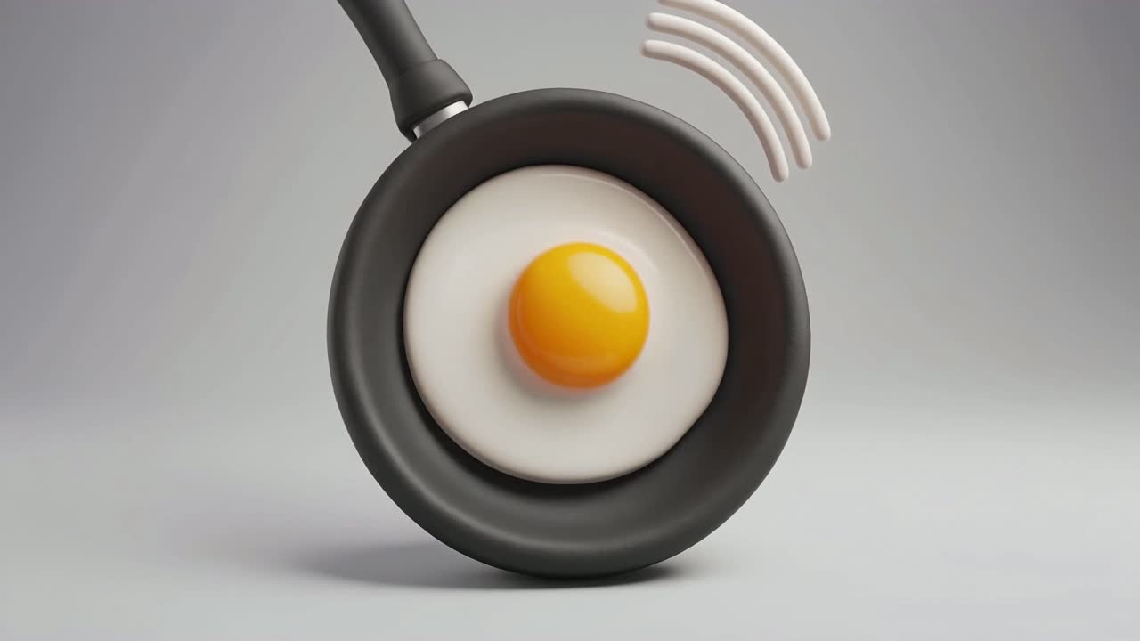 Tyylitelty paistettu muna kypsymässä tärisevällä paistinpannulla.