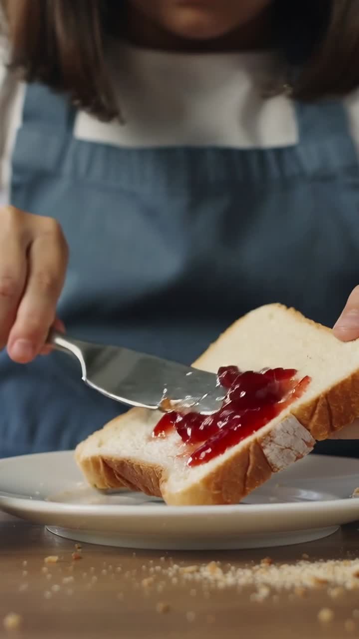 Vertical video: Placing jam, child in apron spreading jam across bread at home for snack with knife