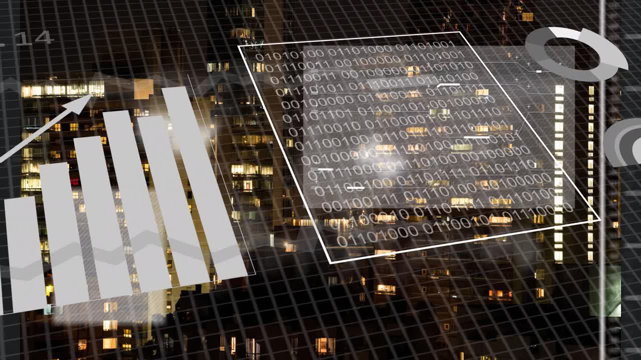 animación del procesamiento de datos financieros sobre la ciudad