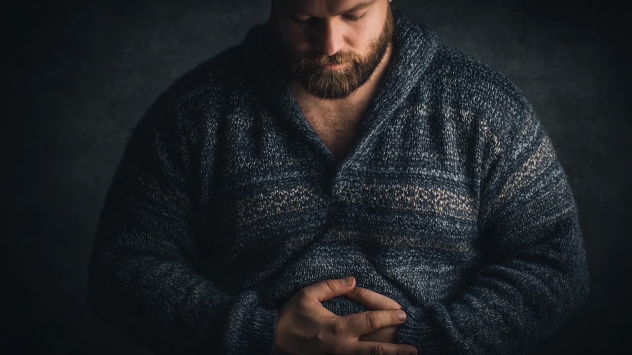 A contemplative man in a cozy sweater reflects deeply, conveying emotions through body language and facial expressions in a darkened atmospheric setting