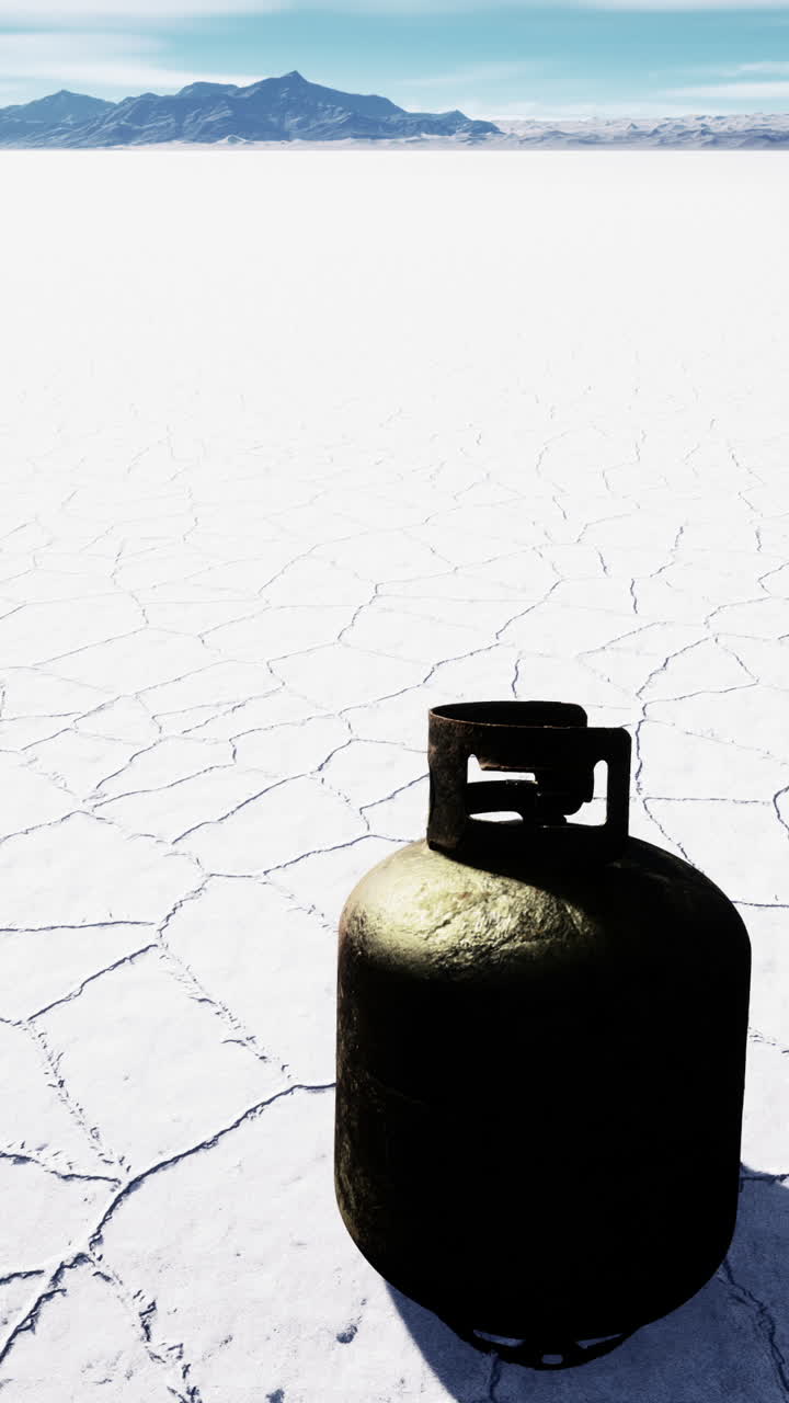 얼룩진 프로판 크가 거대한  사막 풍경에 앉아 있고 멀리서 산이 있습니다.