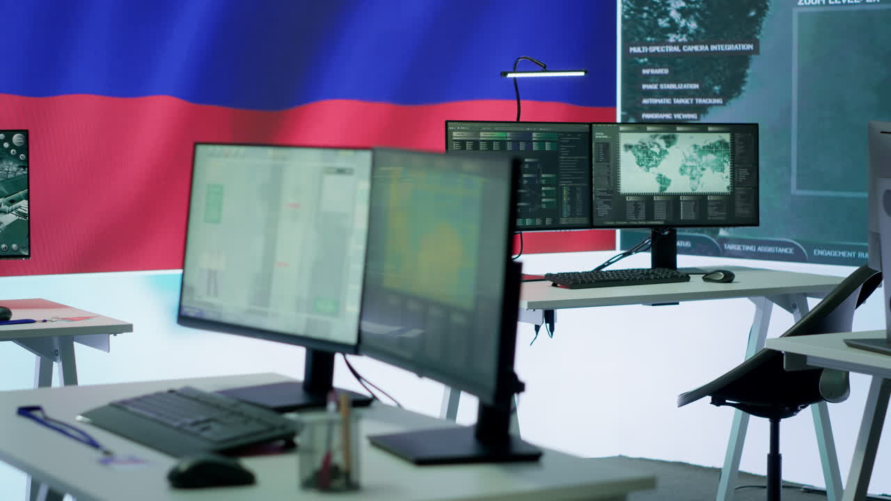 Empty russian federation military command post managing cyber warfare propaganda