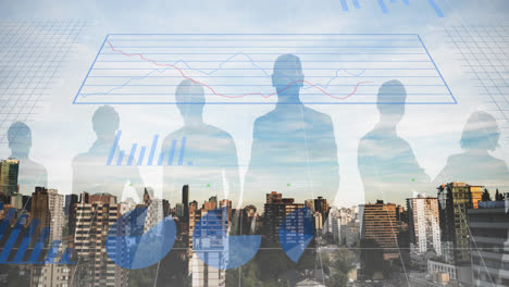 animation of financial graphs and people silhouettes over cityscape