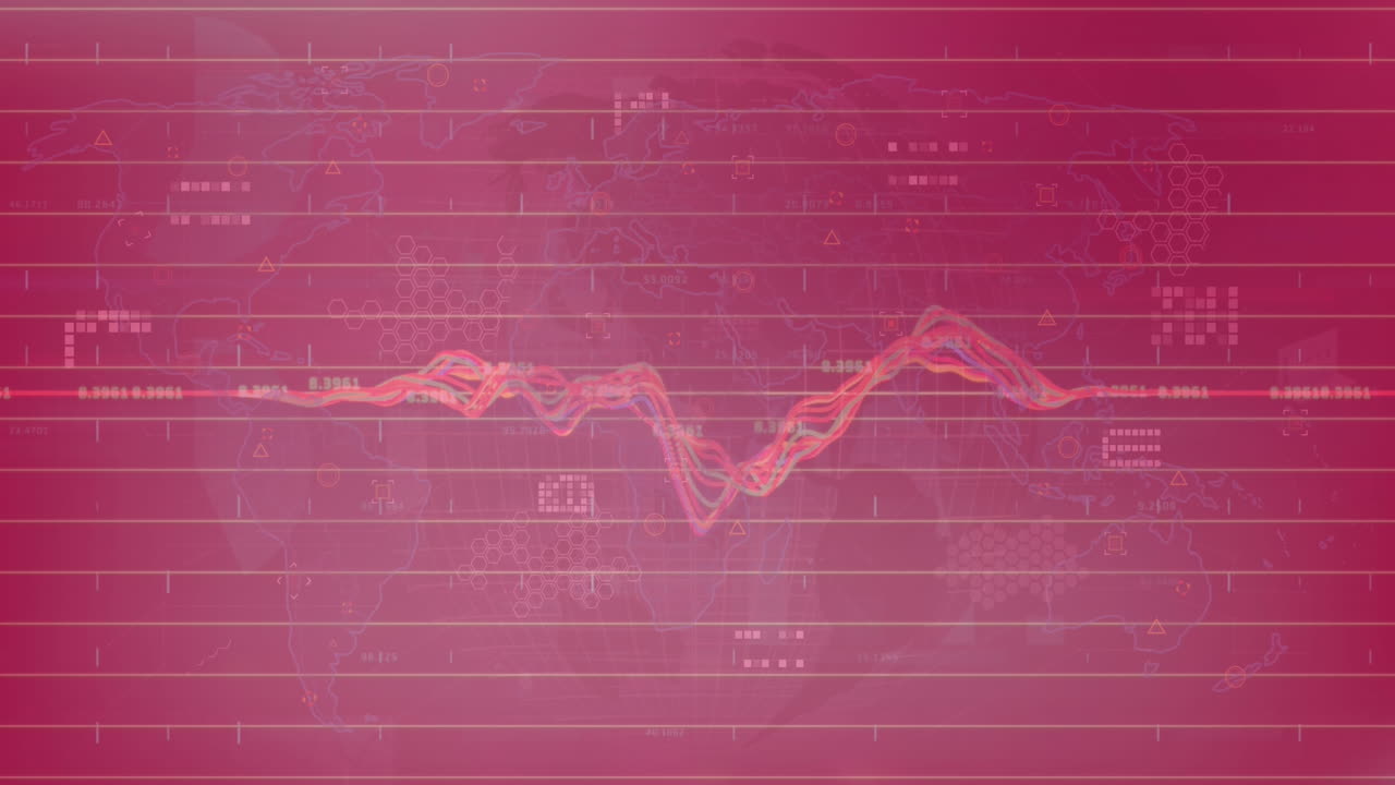 Animation of graphs with changing numbers over hexagon pattern on map against abstract background