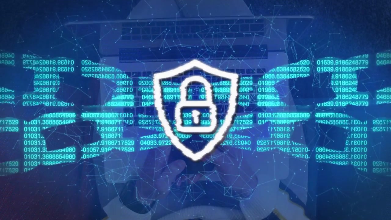 Hands typing on laptop initiating code streams merging into shield padlock, protecting tech network