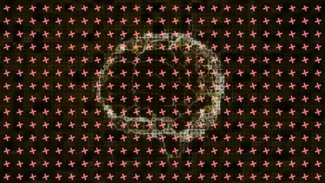 animation of rotating digital brain over grid of pink crosses turning on black background