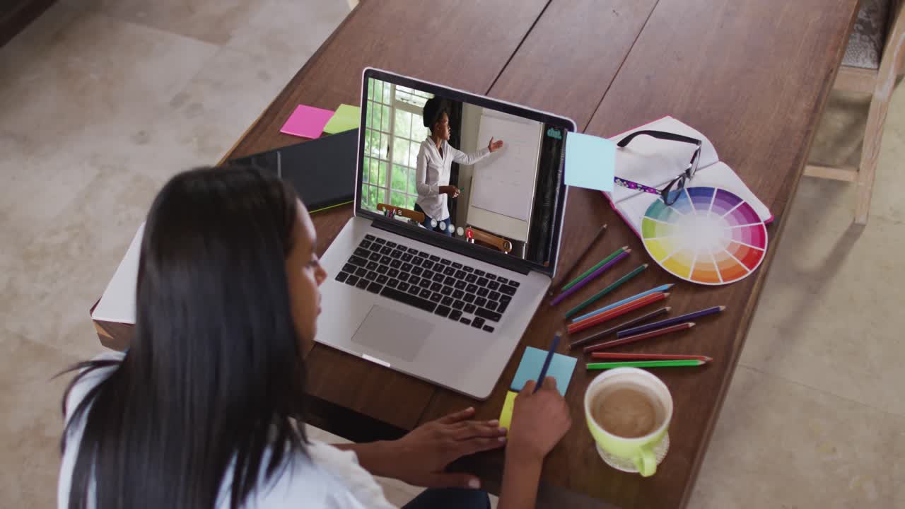Mujer afroamericana escribiendo en notas adhesivas mientras realiza una videollamada en su computadora portátil en casa.