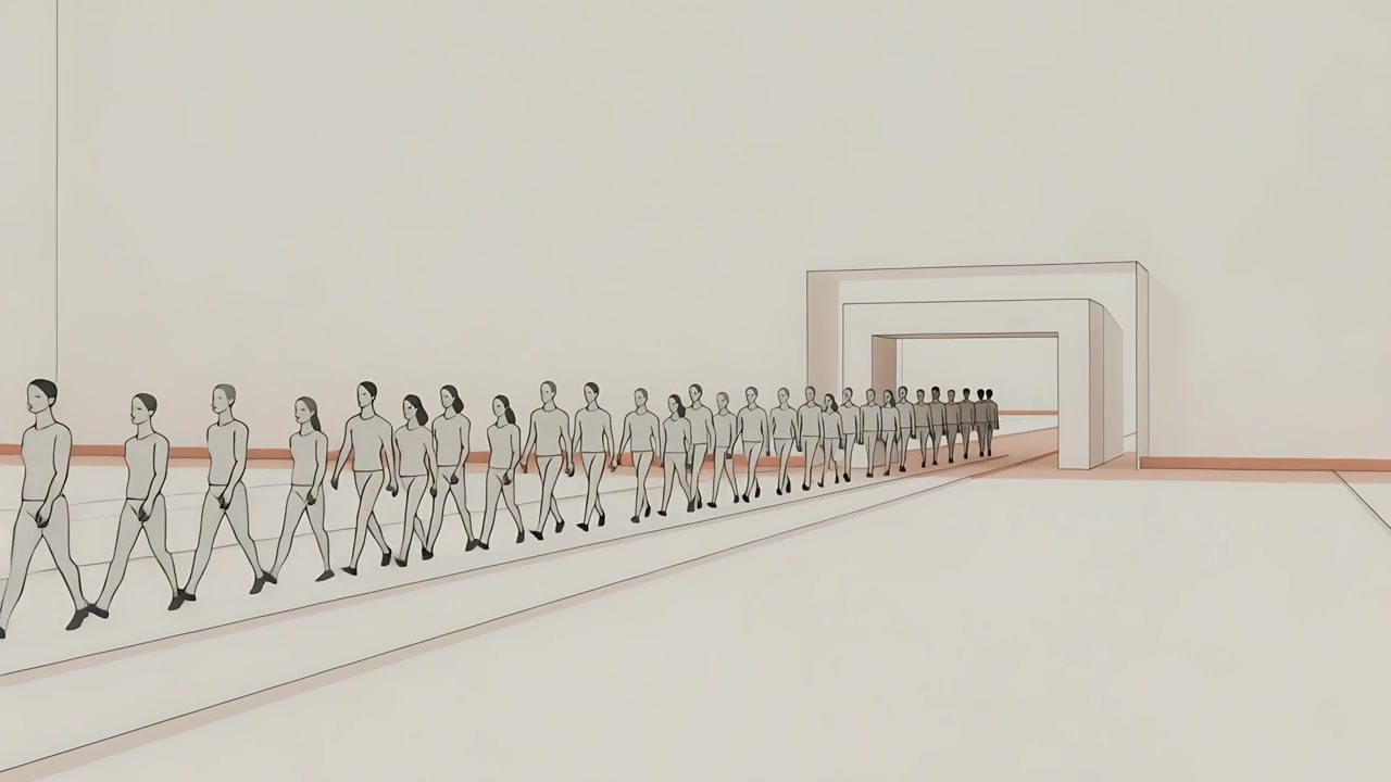 ホール内の通路に沿って、ポータルフレームから現れた大人たちが一列に並んで歩く。コピースペース。