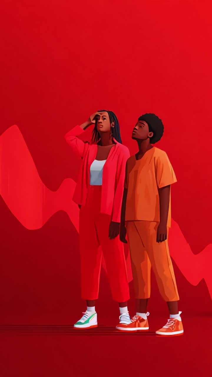 A vibrant illustration of two stylish individuals dressed in red and orange outfits, set against a bold red background, conveying a sense of modern fashion and urban lifestyle
