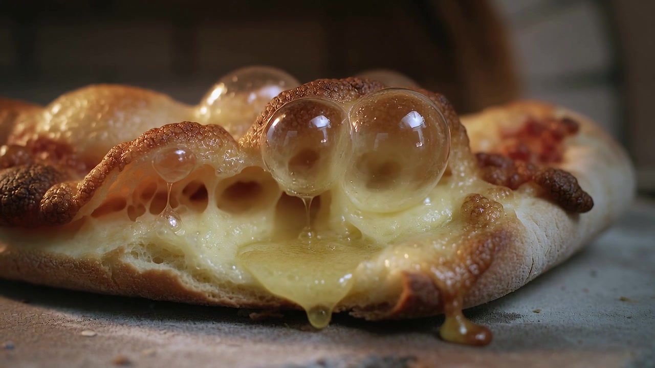 Fatia de pizza subindo, inflando bolhas de queijo, dourando e pingando enquanto o calor do forno expele vapor na base