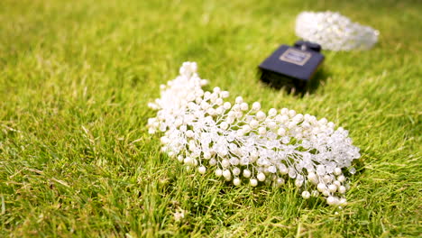 Bride-accessories-sitting-on-top-of-a-green-field