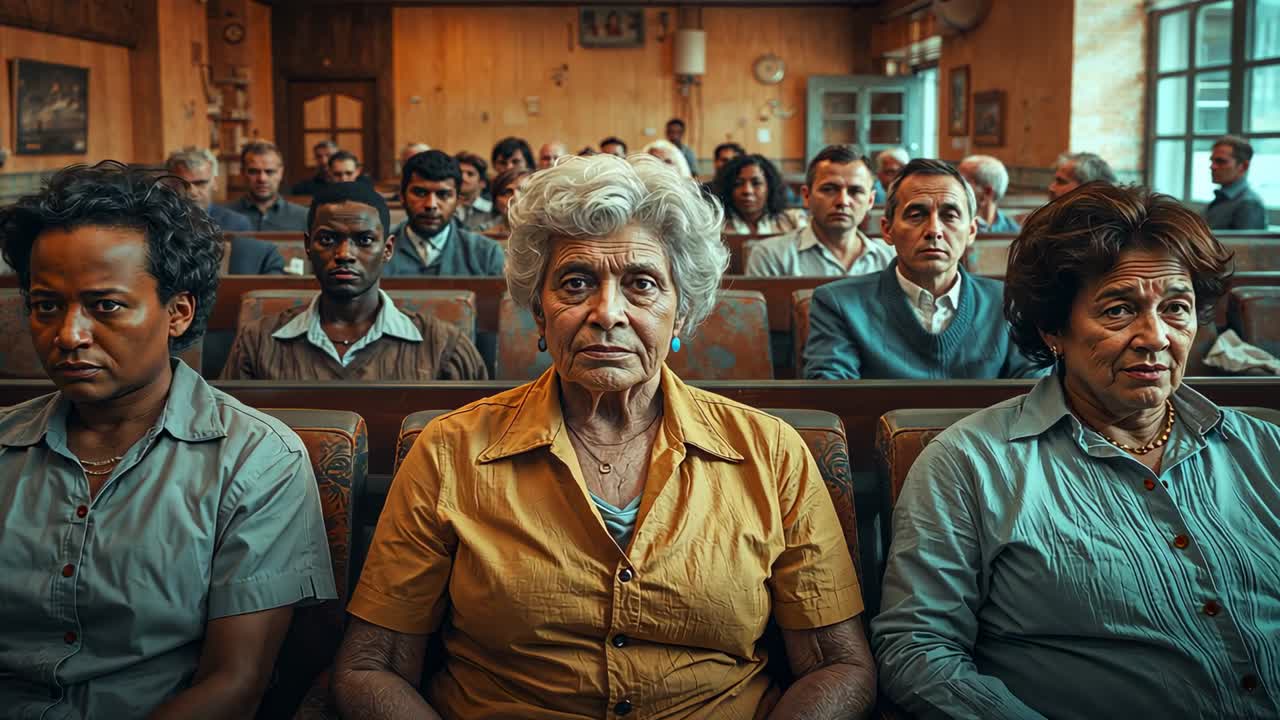 Sitting woman in mustard-top looking as camera pushing close-up in hall with benches to reveal face