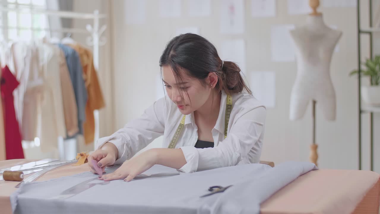 Female Fashion, Designer, Draws On A Piece Of Fabrics