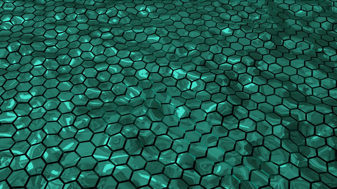 Abstract shiny green hexagonal geometry patterns with six sided polygon and with smooth wavy motion . Abstract trendy background for business & technology, 4k High Quality,3D animation, 3D render.