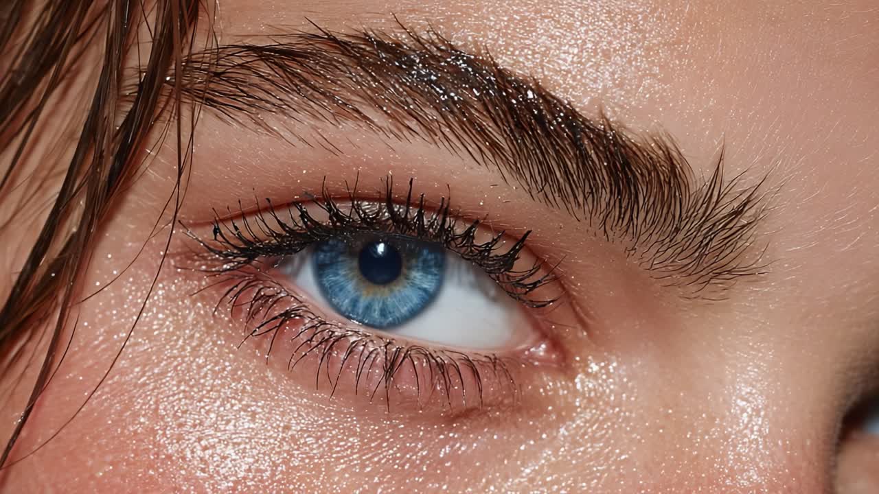 Close-Up of a Glowing Eye: Captivating Blue Iris and Lush Lashes Showcasing Natural Beauty and Radiant Skin in Artful Detail