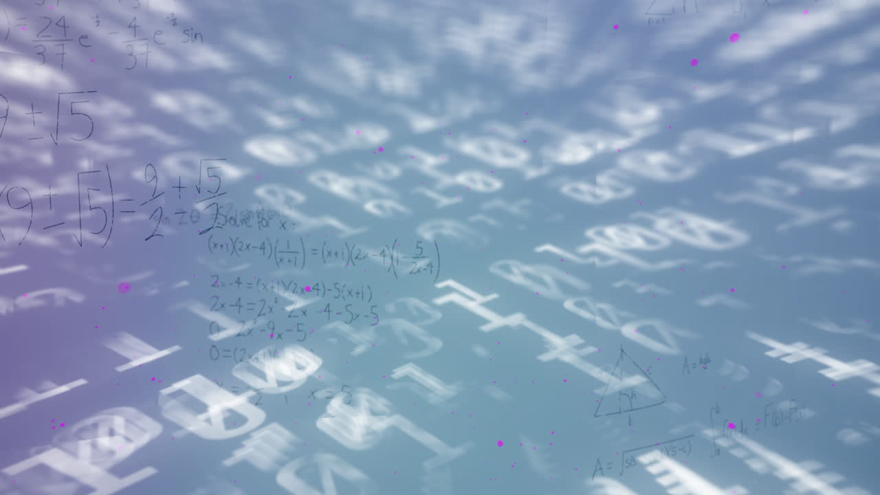 Animation of mathematical equations and data processing on blue background