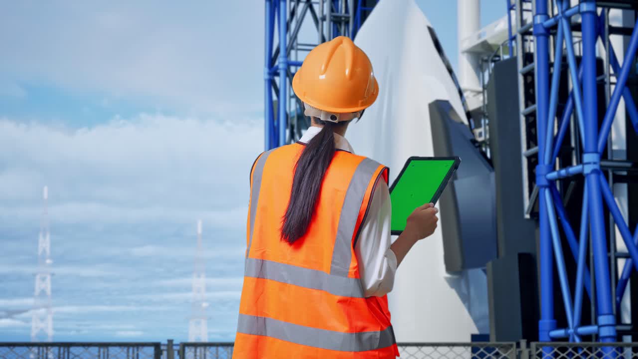 vista trasera de una ingeniera asiática con casco de seguridad trabajando en una tableta de pantalla verde y mirando a su alrededor con el transbordador espacial