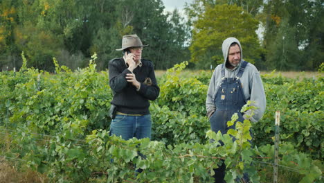 Two-Farmers-Stand-In-The-Vineyard-One-Of-The-Men-Is-Talking-On-The-Phone